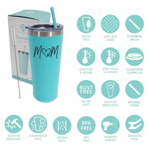 Tavenly Fur Mom Tumbler - Insulated Stainless Steel Tumbler With Lid and Straw for Dog Moms and Pet Lovers - For Cold or Hot Drinks - Cat Mom Cup and Furry Friend Mug - Aqua