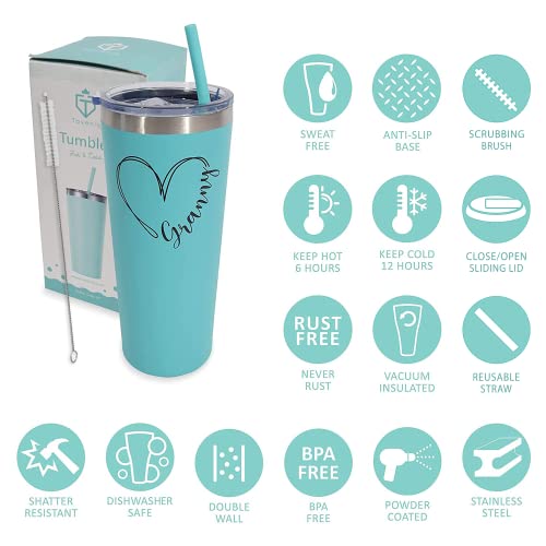 Tavenly Granny Tumbler - Insulated Stainless Steel Tumbler With Lid and Straw for Women - Coffee Mug for Cold or Hot Drinks - Coffee Tumbler and Mug - Large 20oz Coffee Cups - Aqua