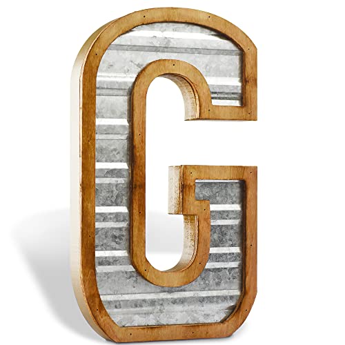 Tavenly 14" Galvanized Farmhouse Letters for Home Decor - 3D Large Metal Letter with Wooden Border - Rustic Monogram Signs for Living Room, Kitchen, Wood Farmhouse Decor, Decorative Wall Art - G