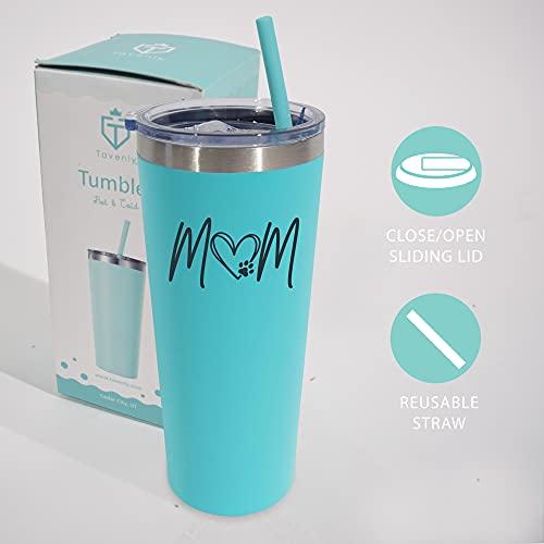 Tavenly Fur Mom Tumbler - Insulated Stainless Steel Tumbler With Lid and Straw for Dog Moms and Pet Lovers - For Cold or Hot Drinks - Cat Mom Cup and Furry Friend Mug - Aqua