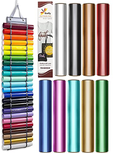 Firefly Craft Storage Organizer Vinyl Roll Holder - Craft Organizer Vinyl Storage Rack - 24 Compartments and Firefly Craft Metallic Heat Transfer Vinyl Sheets Bundle - 9 Sheets, 12"x20" - Multipack HT