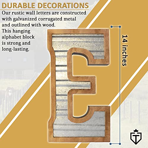 Tavenly 14" Galvanized Farmhouse Letters for Home Decor - 3D Large Metal Letter with Wooden Border - Rustic Monogram Signs for Living Room, Kitchen, Wood Farmhouse Decor, Decorative Wall Art - E