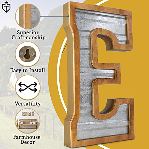 Tavenly 14" Galvanized Farmhouse Letters for Home Decor - 3D Large Metal Letter with Wooden Border - Rustic Monogram Signs for Living Room, Kitchen, Wood Farmhouse Decor, Decorative Wall Art - E