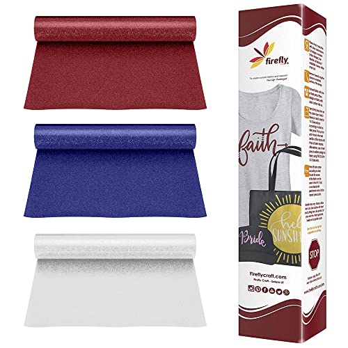 Firefly Craft Glitter Heat Transfer Vinyl Bundle (Red, White, Royal Blue) ? HTV for Plotter Printer and Die-Cut Machine ?3 Pack (12 x 20 inches)