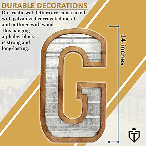 Tavenly 14" Galvanized Farmhouse Letters for Home Decor - 3D Large Metal Letter with Wooden Border - Rustic Monogram Signs for Living Room, Kitchen, Wood Farmhouse Decor, Decorative Wall Art - G