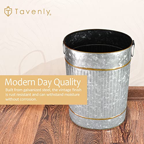 Tavenly Galvanized - Decorative Bronze Accents, Farmhouse Bathroom Accessories, Small Trash Can - Oval Vintage Tin Can, Waste Basket for Bathroom, Garbage Bin