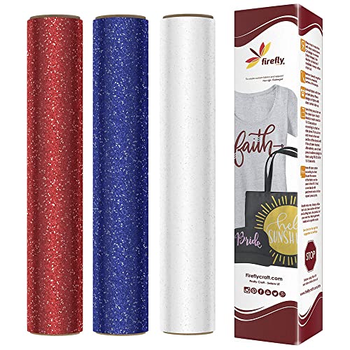 Firefly Craft Glitter Heat Transfer Vinyl Bundle (Red, White, Royal Blue) ? HTV for Plotter Printer and Die-Cut Machine ?3 Pack (12 x 20 inches)