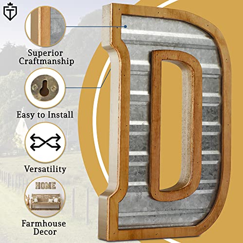 Tavenly 14" Galvanized Farmhouse Letters for Home Decor - 3D Large Metal Letter with Wooden Border - Rustic Monogram Signs for Living Room, Kitchen, Wood Farmhouse Decor, Decorative Wall Art - D