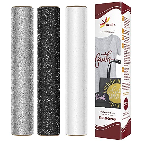 Firefly Craft Glitter Heat Transfer Vinyl Bundle (White, Black, Silver) ? HTV Vinyl for Plotter Printer and Die-Cut Machine ? Iron On or Heat Press ? Craft Vinyl ? 3 Pack (12" x 20" Sheets)