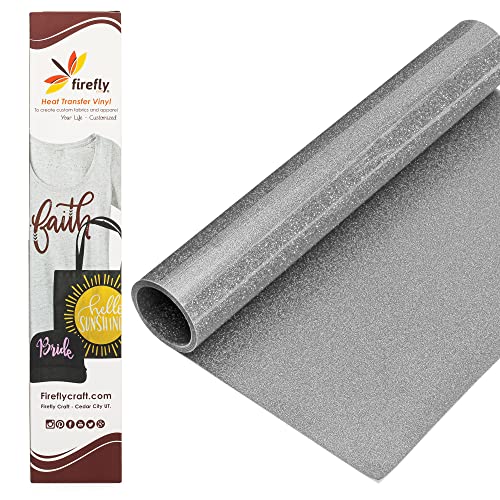 Firefly Craft Glitter Silver HTV - Heat Transfer Vinyl - Iron On Fabric Sheets for Shirt Transfers - Vinyl for Cricut - Heat Press Vinyl - Single Colors or Bundle Multipack- 1 Piece (12" X 20")