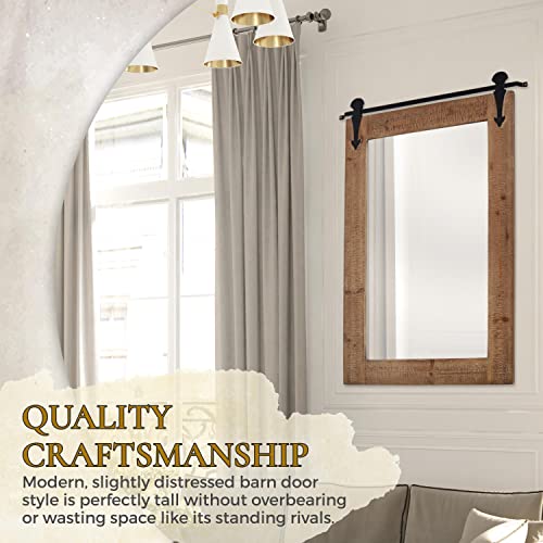 Tavenly Rustic Farmhouse Mirror Framed in Solid Wood Decorative Frame - Vanity Barndoor Style Bathroom Mirrors - Rustic Wooden Mirrors for Wall Decor - Natural Brown Big Mirror 32 X 21 Inch