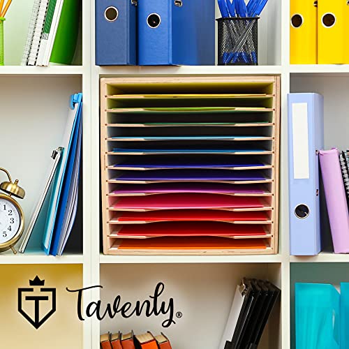 Tavenly Natural Wood Finish Paper Storage Organizer Cube - Improved Perfect for Sizes 12 x 12-12 Tray File Box Organizer - Classroom & Office Desk Accessories - 12 Slot Paper Organizer for Desk