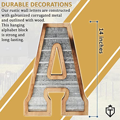 Tavenly 14" Galvanized Farmhouse Letters for Home Decor - 3D Large Metal Letter with Wooden Border - Rustic Monogram Signs for Living Room, Kitchen, Wood Farmhouse Decor, Decorative Wall Art - A