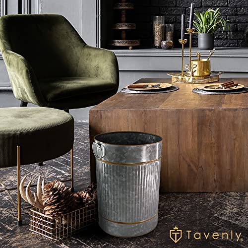 Tavenly Galvanized - Decorative Bronze Accents, Farmhouse Bathroom Accessories, Small Trash Can - Oval Vintage Tin Can, Waste Basket for Bathroom, Garbage Bin