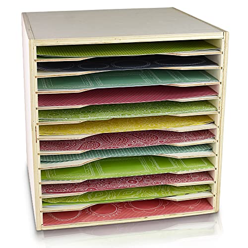 Tavenly Natural Wood Finish Paper Storage Organizer Cube - Improved Perfect for Sizes 12 x 12-12 Tray File Box Organizer - Classroom & Office Desk Accessories - 12 Slot Paper Organizer for Desk