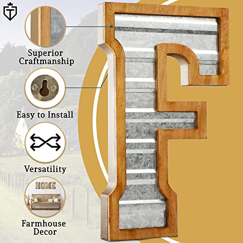 Tavenly 14" Galvanized Farmhouse Letters for Home Decor - 3D Large Metal Letter with Wooden Border - Rustic Monogram Signs for Living Room, Kitchen, Wood Farmhouse Decor, Decorative Wall Art - F