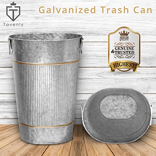 Tavenly Galvanized - Decorative Bronze Accents, Farmhouse Bathroom Accessories, Small Trash Can - Oval Vintage Tin Can, Waste Basket for Bathroom, Garbage Bin