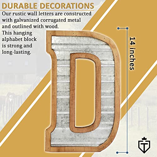 Tavenly 14" Galvanized Farmhouse Letters for Home Decor - 3D Large Metal Letter with Wooden Border - Rustic Monogram Signs for Living Room, Kitchen, Wood Farmhouse Decor, Decorative Wall Art - D