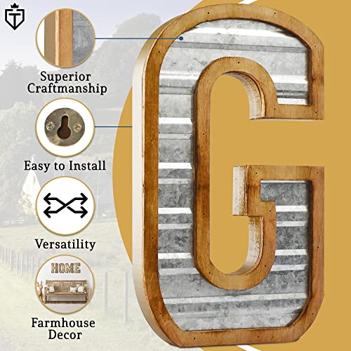 Tavenly 14" Galvanized Farmhouse Letters for Home Decor - 3D Large Metal Letter with Wooden Border - Rustic Monogram Signs for Living Room, Kitchen, Wood Farmhouse Decor, Decorative Wall Art - G