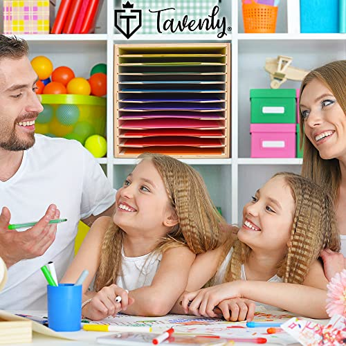 Tavenly Natural Wood Finish Paper Storage Organizer Cube - Improved Perfect for Sizes 12 x 12-12 Tray File Box Organizer - Classroom & Office Desk Accessories - 12 Slot Paper Organizer for Desk