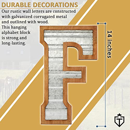 Tavenly 14" Galvanized Farmhouse Letters for Home Decor - 3D Large Metal Letter with Wooden Border - Rustic Monogram Signs for Living Room, Kitchen, Wood Farmhouse Decor, Decorative Wall Art - F