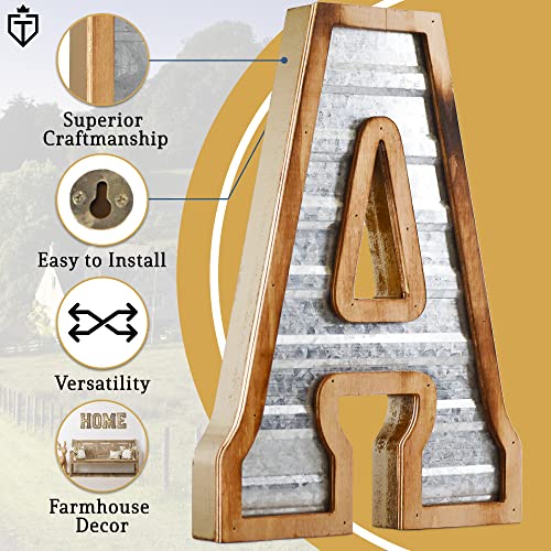 Tavenly 14" Galvanized Farmhouse Letters for Home Decor - 3D Large Metal Letter with Wooden Border - Rustic Monogram Signs for Living Room, Kitchen, Wood Farmhouse Decor, Decorative Wall Art - A