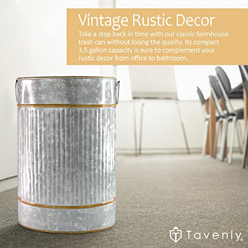Tavenly Galvanized - Decorative Bronze Accents, Farmhouse Bathroom Accessories, Small Trash Can - Oval Vintage Tin Can, Waste Basket for Bathroom, Garbage Bin