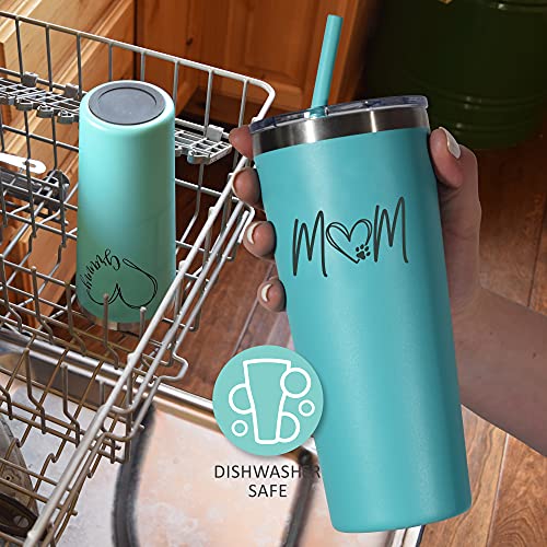 Tavenly Fur Mom Tumbler - Insulated Stainless Steel Tumbler With Lid and Straw for Dog Moms and Pet Lovers - For Cold or Hot Drinks - Cat Mom Cup and Furry Friend Mug - Aqua