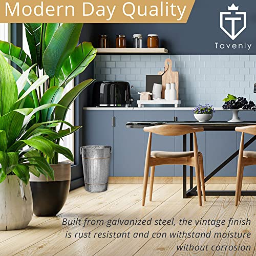 Tavenly Galvanized - Decorative Bronze Accents, Farmhouse Bathroom Accessories, Small Trash Can - Oval Vintage Tin Can, Waste Basket for Bathroom, Garbage Bin