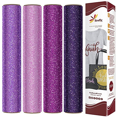 Firefly Craft Glitter Heat Transfer Vinyl (Lavender, Light Pink, Dark Purple, Deep Pink) ? HTV Vinyl for Plotter Printer and Die-Cut Machine ? Iron On or Heat Press ? 4 Pack (12" x 20" Sheets)