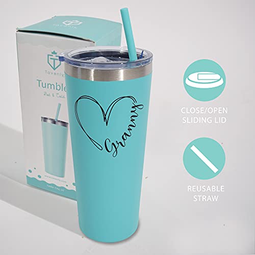 Tavenly Granny Tumbler - Insulated Stainless Steel Tumbler With Lid and Straw for Women - Coffee Mug for Cold or Hot Drinks - Coffee Tumbler and Mug - Large 20oz Coffee Cups - Aqua