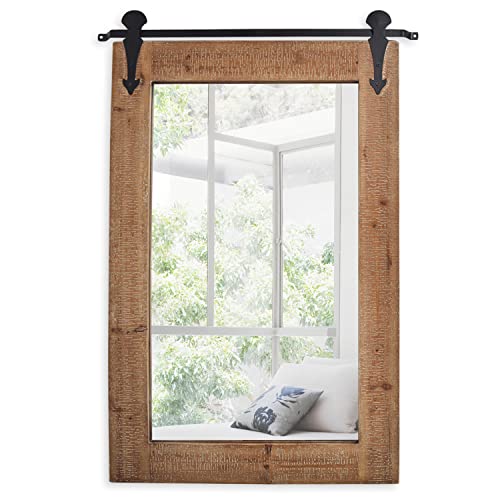 Tavenly Rustic Farmhouse Mirror Framed in Solid Wood Decorative Frame - Vanity Barndoor Style Bathroom Mirrors - Rustic Wooden Mirrors for Wall Decor - Natural Brown Big Mirror 32 X 21 Inch