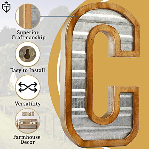 Tavenly 14" Galvanized Farmhouse Letters for Home Decor - 3D Large Metal Letter with Wooden Border - Rustic Monogram Signs for Living Room, Kitchen, Wood Farmhouse Decor, Decorative Wall Art - C