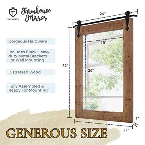 Tavenly Rustic Farmhouse Mirror Framed in Solid Wood Decorative Frame - Vanity Barndoor Style Bathroom Mirrors - Rustic Wooden Mirrors for Wall Decor - Natural Brown Big Mirror 32 X 21 Inch