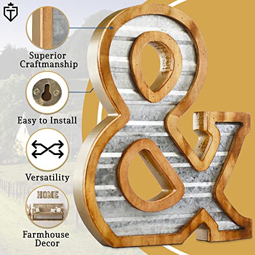 Tavenly 14" Galvanized Farmhouse Letters for Home Decor - 3D Large Metal Letter with Wooden Border - Rustic Monogram Signs for Living Room, Kitchen, Wood Farmhouse Decor, Decorative Wall Art - &