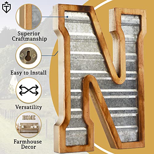 Tavenly 14" Galvanized Farmhouse Letters for Home Decor - 3D Large Metal Letter with Wooden Border - Rustic Monogram Signs for Living Room, Kitchen, Wood Farmhouse Decor, Decorative Wall Art - N