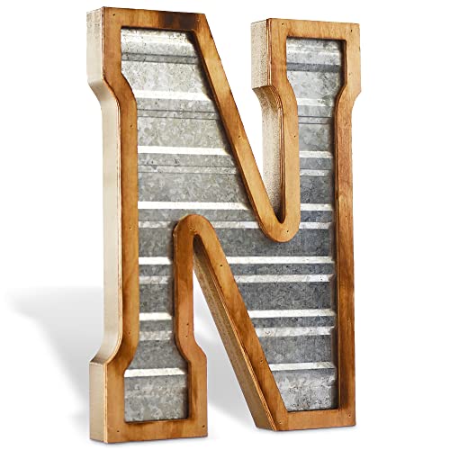 Tavenly 14" Galvanized Farmhouse Letters for Home Decor - 3D Large Metal Letter with Wooden Border - Rustic Monogram Signs for Living Room, Kitchen, Wood Farmhouse Decor, Decorative Wall Art - N