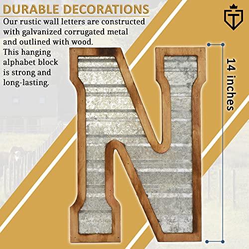 Tavenly 14" Galvanized Farmhouse Letters for Home Decor - 3D Large Metal Letter with Wooden Border - Rustic Monogram Signs for Living Room, Kitchen, Wood Farmhouse Decor, Decorative Wall Art - N