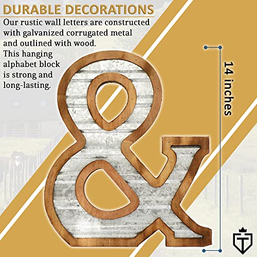 Tavenly 14" Galvanized Farmhouse Letters for Home Decor - 3D Large Metal Letter with Wooden Border - Rustic Monogram Signs for Living Room, Kitchen, Wood Farmhouse Decor, Decorative Wall Art - &