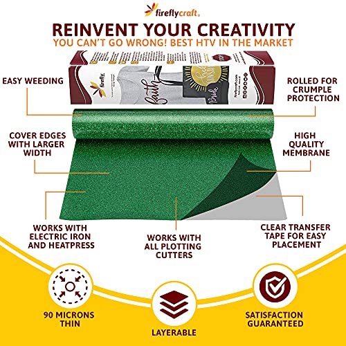 Firefly Craft Glitter Green Heat Transfer Vinyl - HTV Vinyl for Cricut - Heat Press Vinyl for Shirt Transfers - Iron On Fabric Sheets - 3 Pieces, 12" X 20" (5 Feet) Each